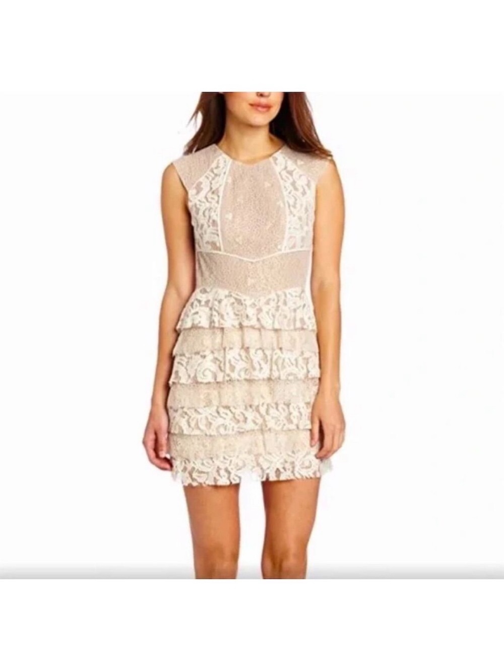 BCBG new with tags Sleeveless Lace Tiered Peplum Dress in Gardenia